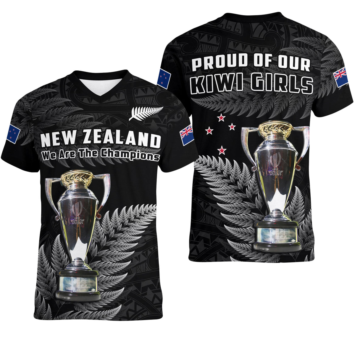 New Zealand 2022 Rugby V-Neck T Shirt Black Fern Proud Champions RWC LT14 Female Black - Polynesian Pride