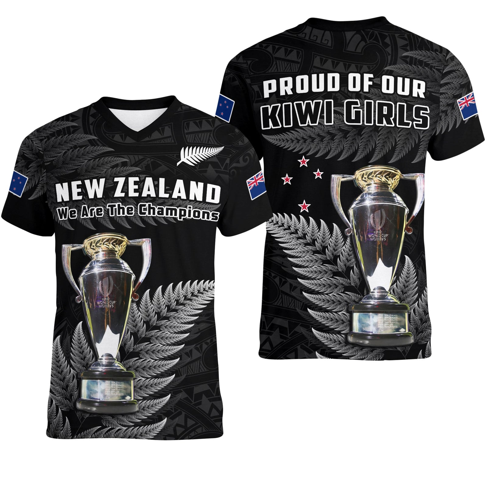New Zealand 2022 Rugby V-Neck T Shirt Black Fern Proud Champions RWC LT14 Female Black - Polynesian Pride