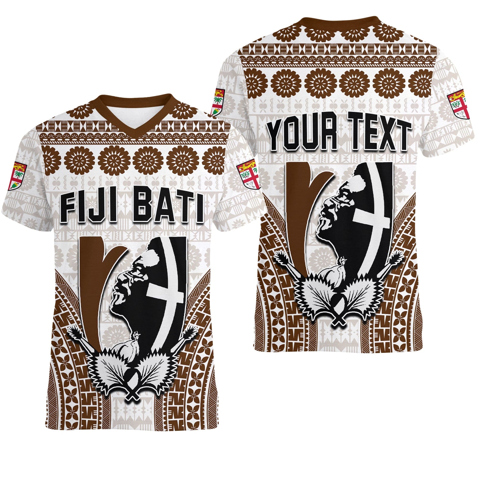 Custom Fiji Rugby Bati V Neck T Shirt Proud Tapa Pattern LT13 White - Polynesian Pride