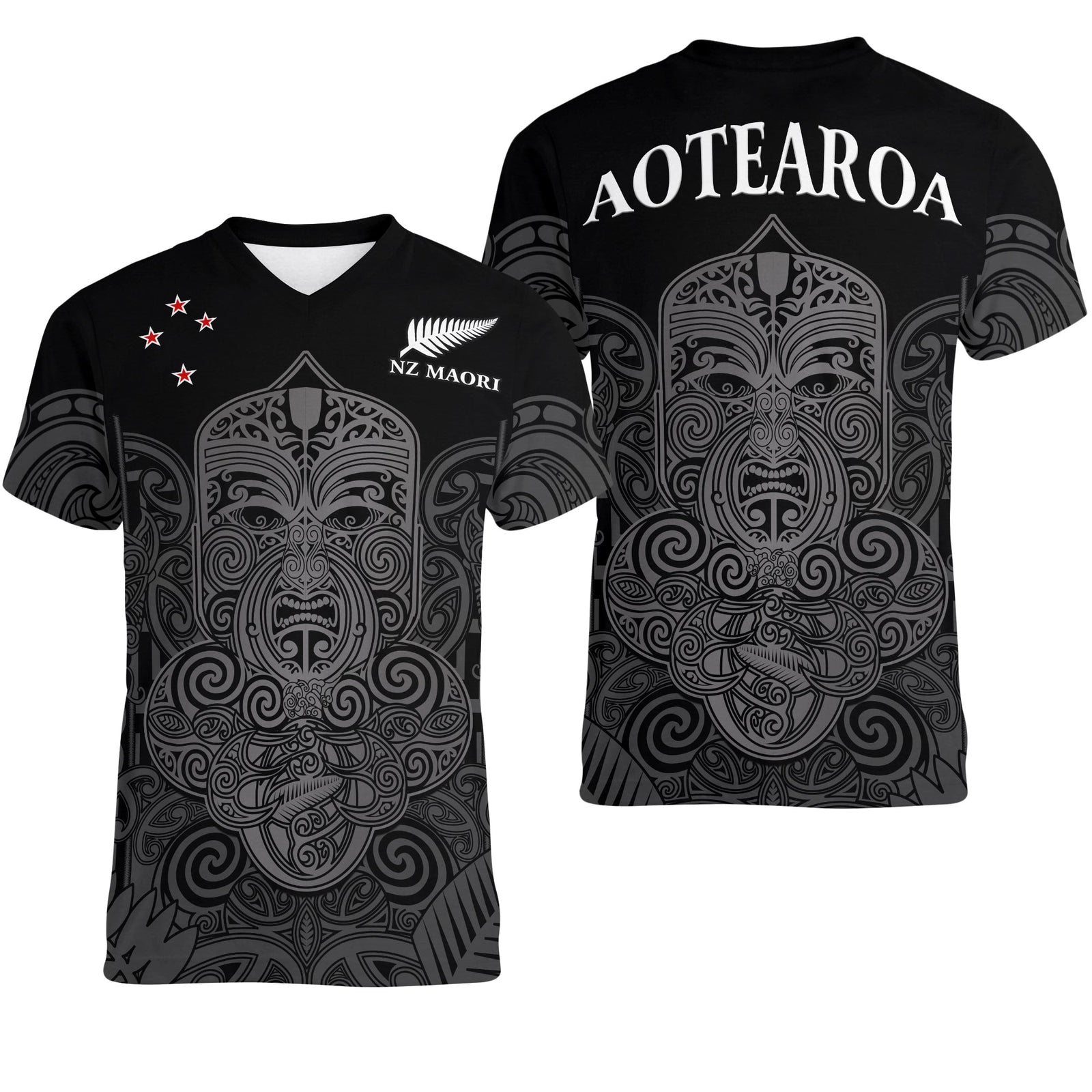 New Zealand Tiki Rugby V-Neck T Shirt NZ Maori Koru Pattern LT14 Female Black - Polynesian Pride