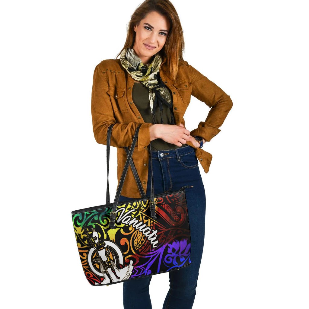 Vanuatu Custom Personalised Leather Tote Bag - Rainbow Polynesian Pattern - Polynesian Pride