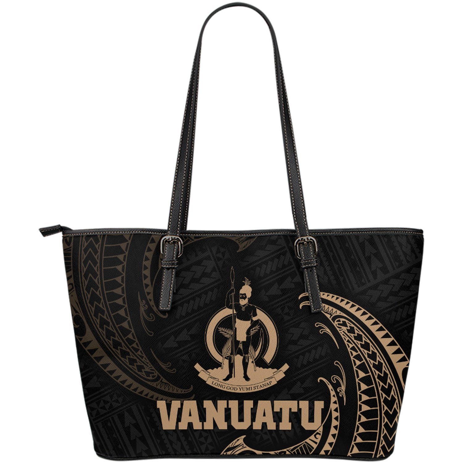 Vanuatu Polynesian Leather Tote Bag - Gold Tribal Wave Gold - Polynesian Pride