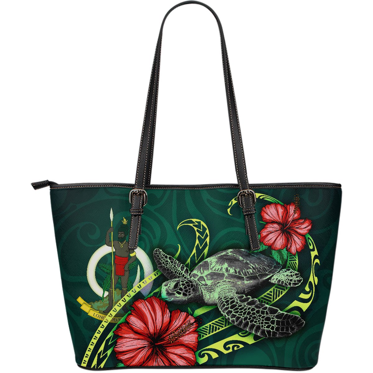 Vanuatu Polynesian Leather Tote Bag - Green Turtle Hibiscus Green - Polynesian Pride