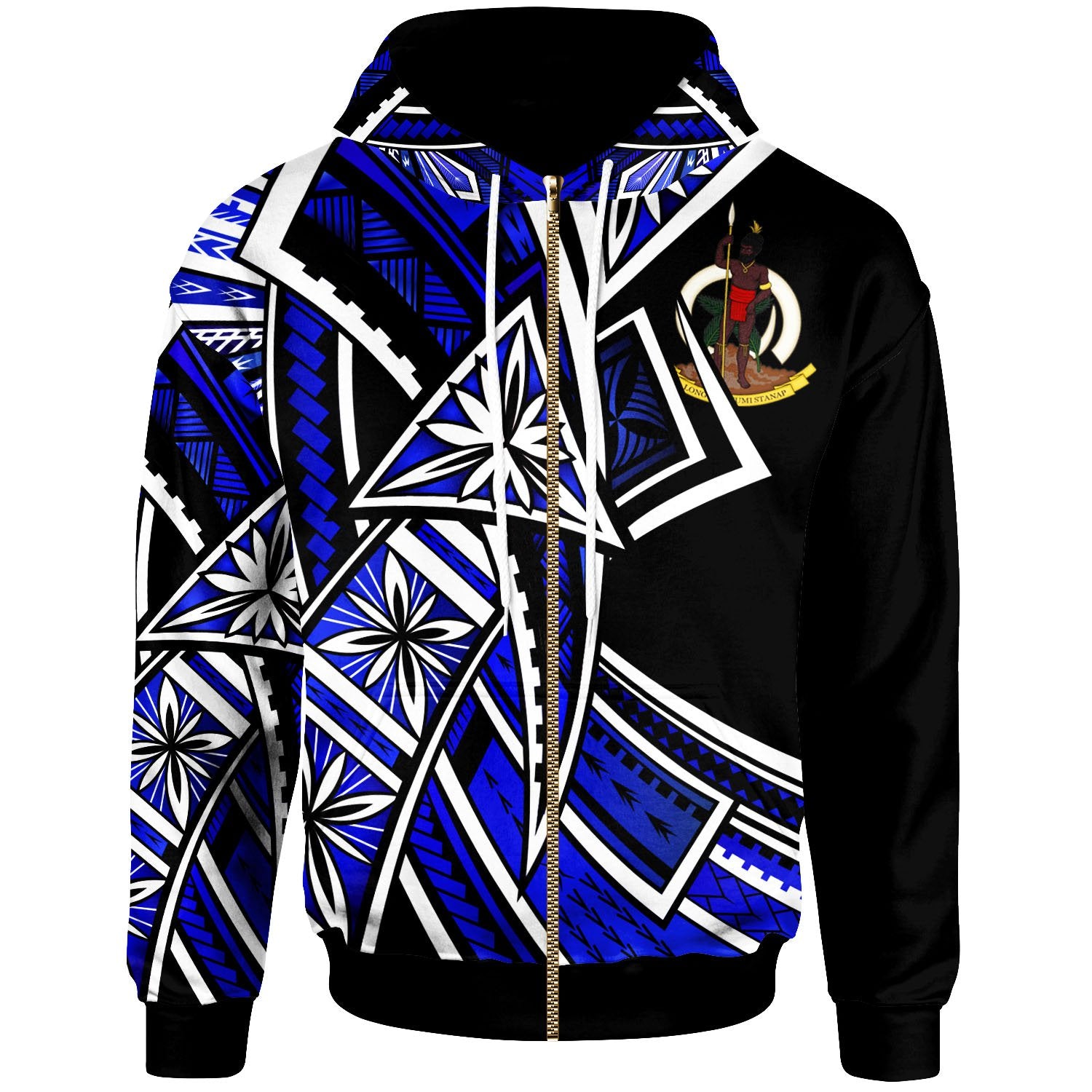 Vanuatu Zip up Hoodie Tribal Flower Special Pattern Blue Color Unisex Blue - Polynesian Pride