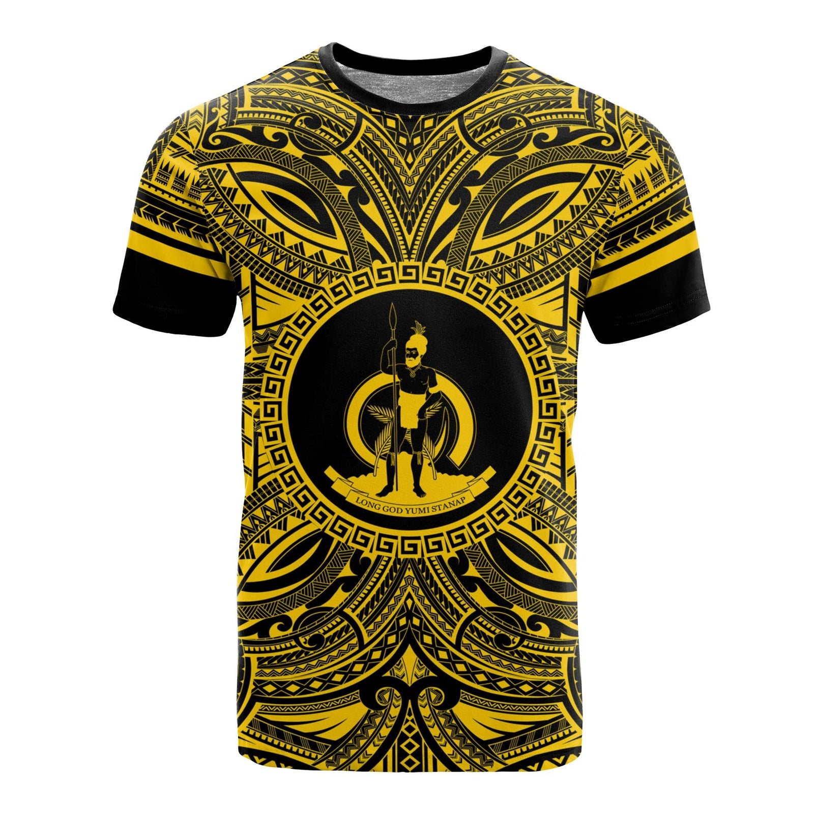 Vanuatu T Shirt Vanuatuan Coat of Arms Polynesian Gold Black Unisex Gold - Polynesian Pride