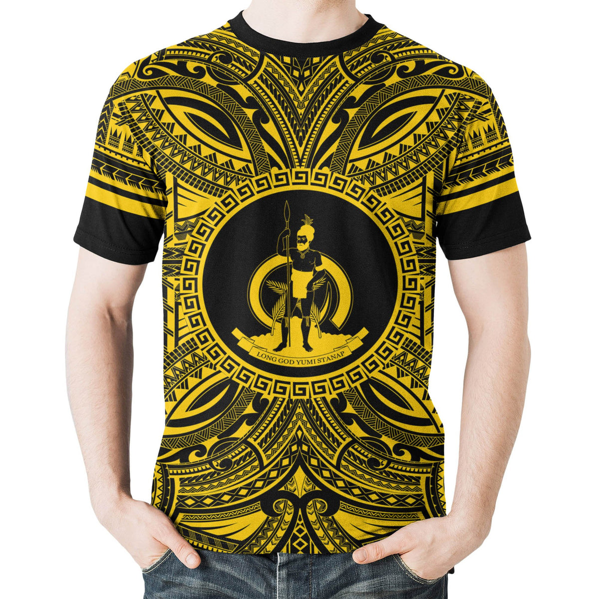 Vanuatu T Shirt Vanuatuan Coat of Arms Polynesian Gold Black - Polynesian Pride