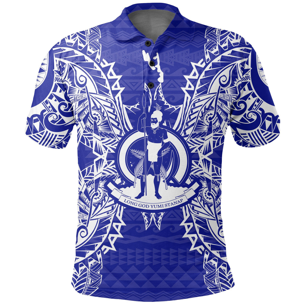 Vanuatu Polo Shirt Vanuatuan Coat Of Arms Map Polynesian Tattoo Blue Unisex Blue - Polynesian Pride