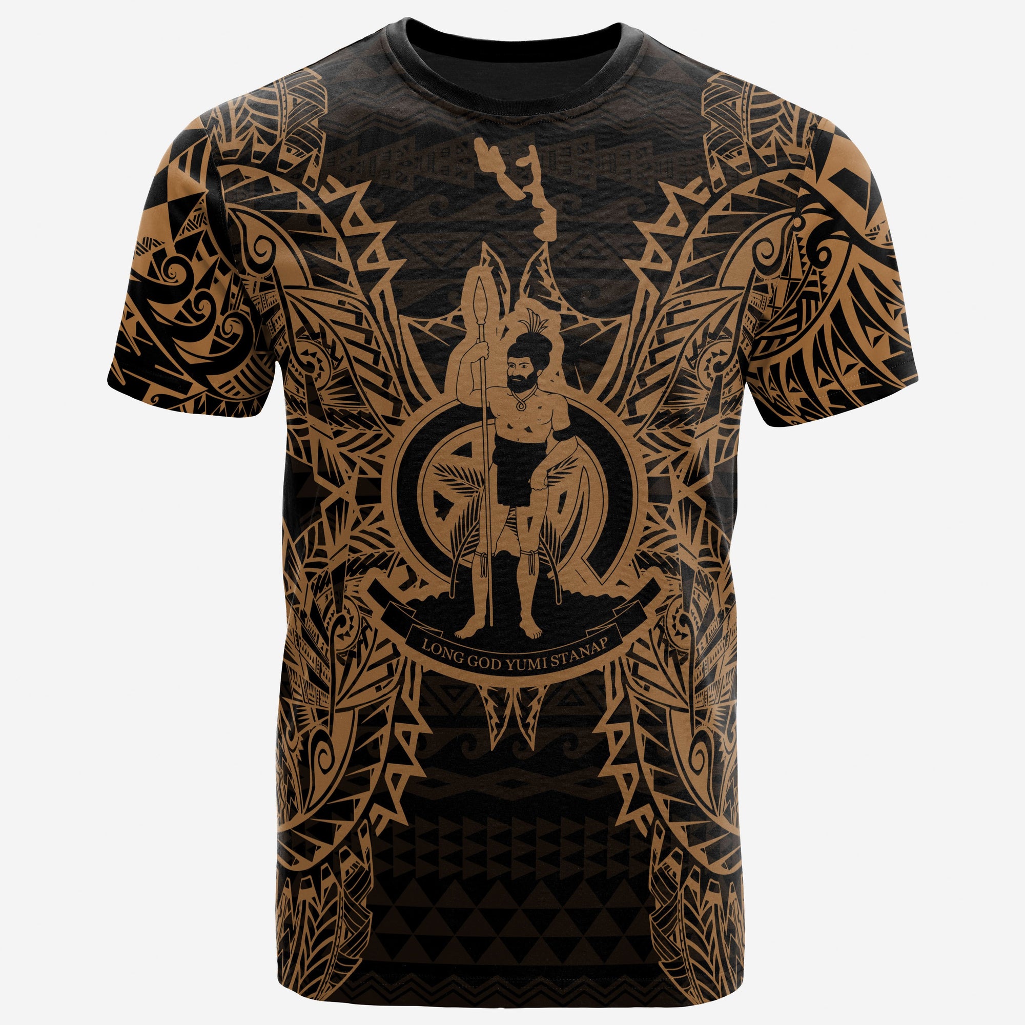 Vanuatu T Shirt Vanuatuan Coat of Arms Map Polynesian Tattoo Gold Unisex Gold - Polynesian Pride