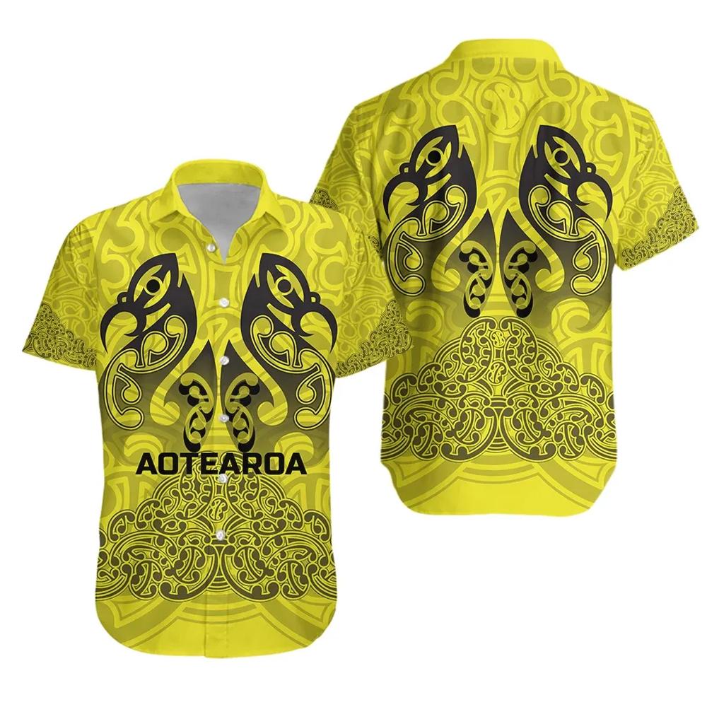 Aotearoa Maori Rugby Hawaiian Shirt New Zealand Mount Taranaki Manaia Unisex Yellow - Polynesian Pride