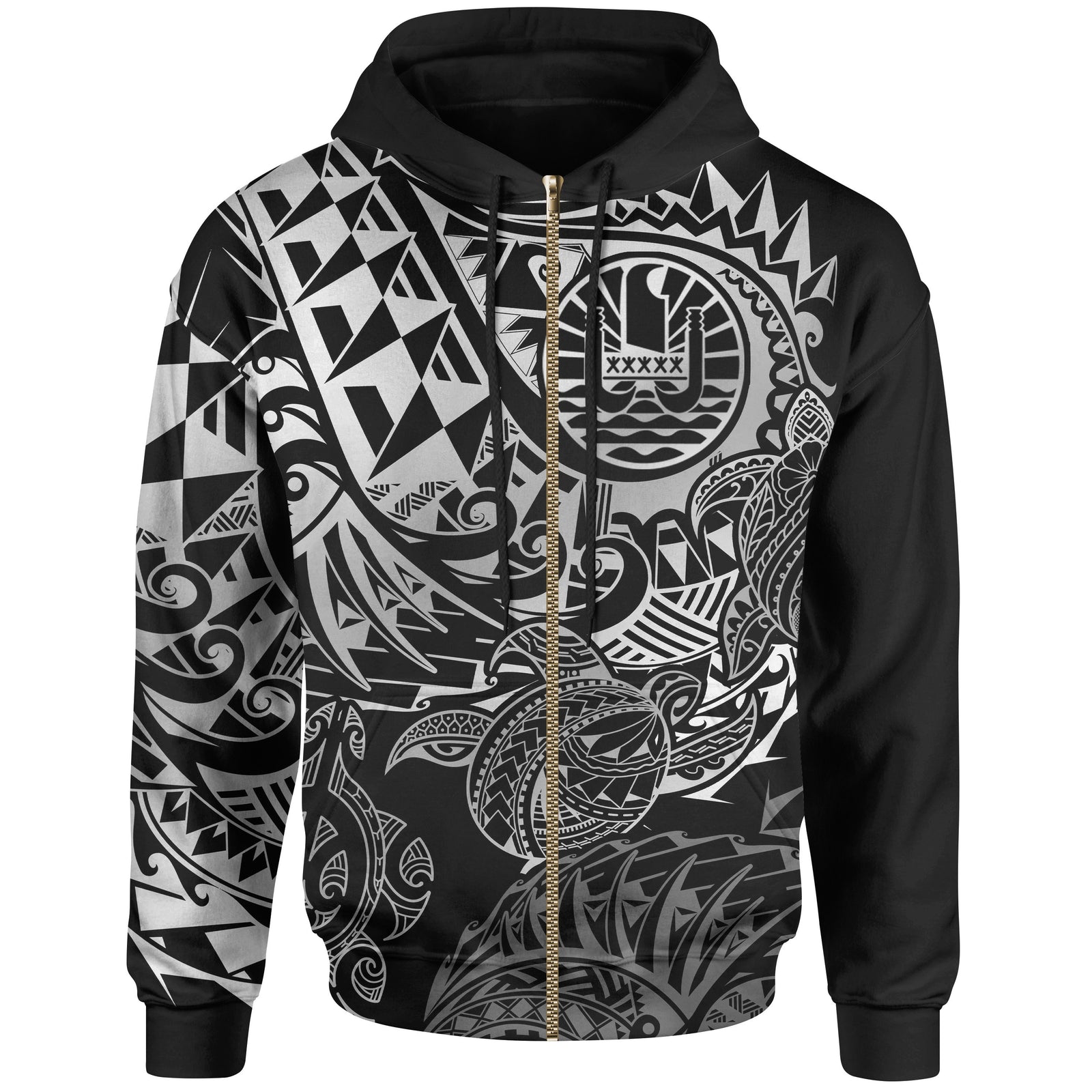 Tahiti Polynesian Zip up Hoodie White Turtle Hibiscus Flowing Unisex WHITE - Polynesian Pride