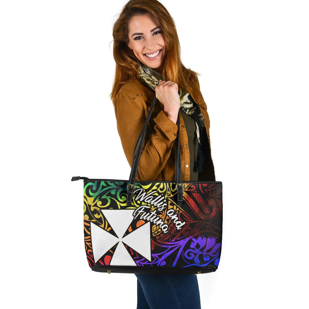 Wallis and Futuna Large Leather Tote Bag - Rainbow Polynesian Pattern Rainbow - Polynesian Pride