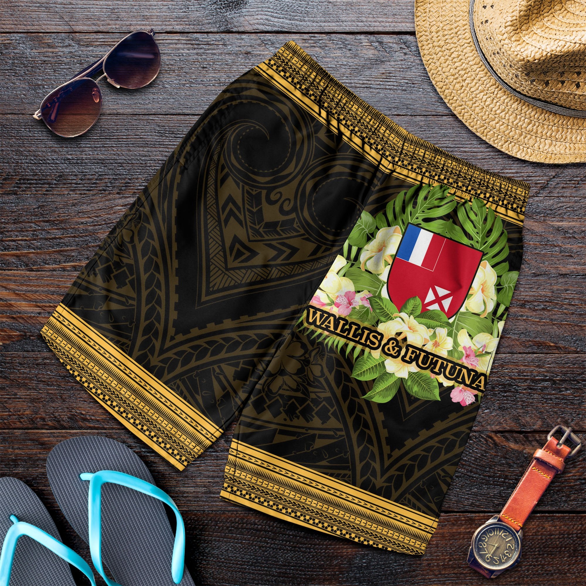 Wallis and Futuna Men's Shorts - Polynesian Gold Patterns Collection Black - Polynesian Pride