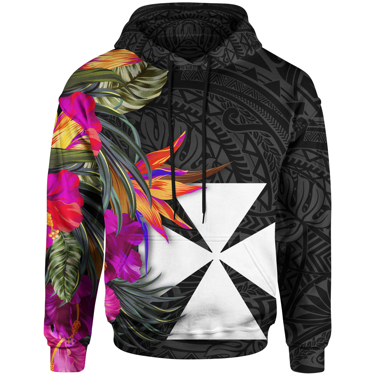 Wallis nd Futuna Hoodie Hibiscus Polynesian Pattern Unisex Black - Polynesian Pride