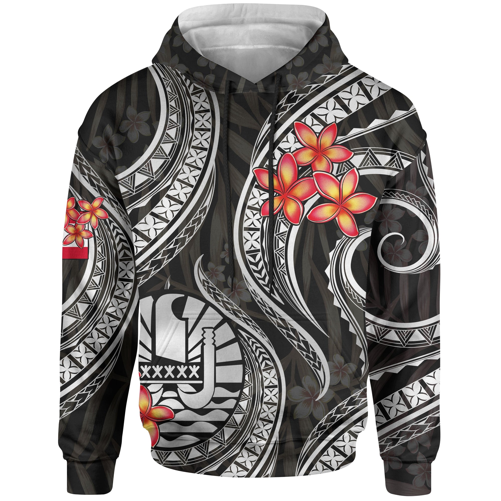 Tahiti Polynesian Hoodie Black Plumeria Unisex BLACK - Polynesian Pride