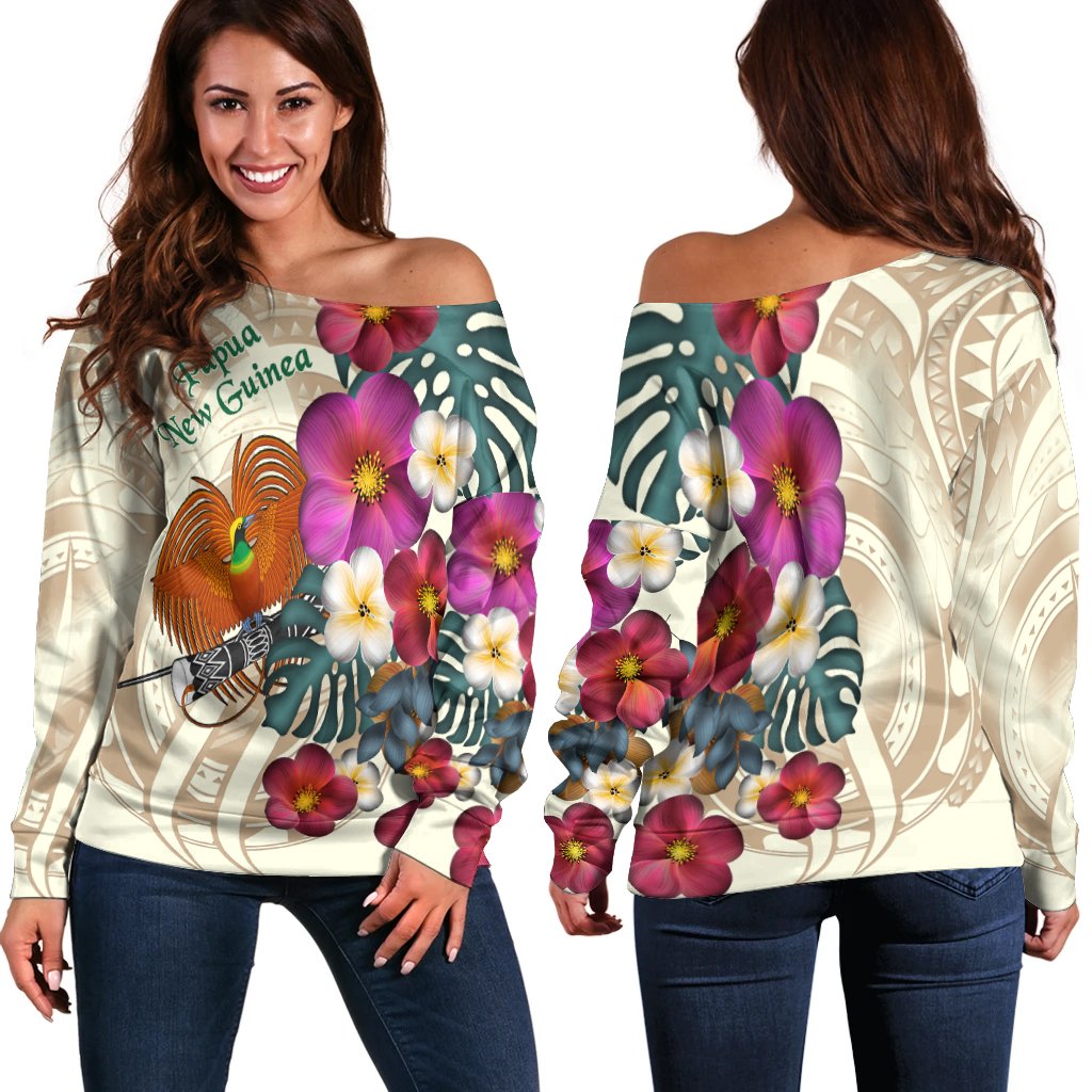 Papua New Guinea Women's Off Shoulder Sweater - The Tropical Plumeria Flower Style Nude - Polynesian Pride