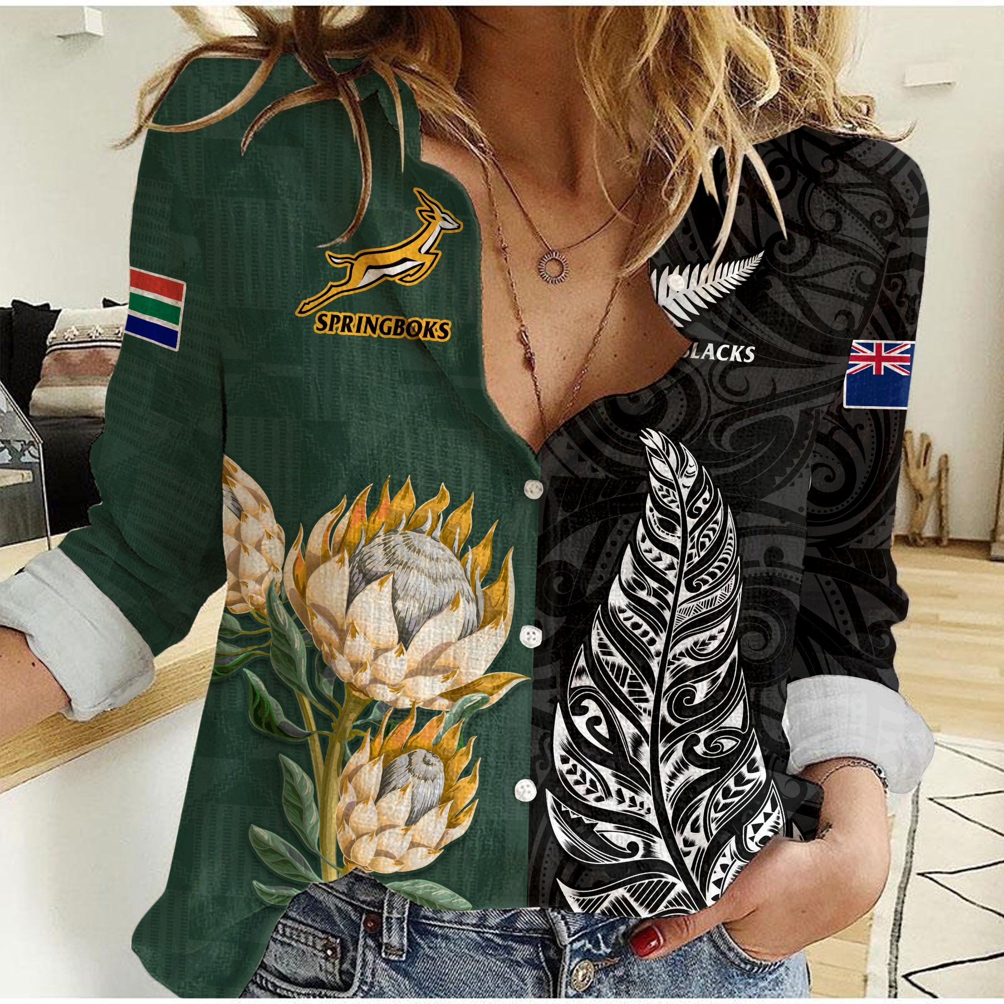 South Africa Protea and New Zealand Fern Women Casual Shirt Rugby Go Springboks vs All Black LT13 Female Art - Polynesian Pride