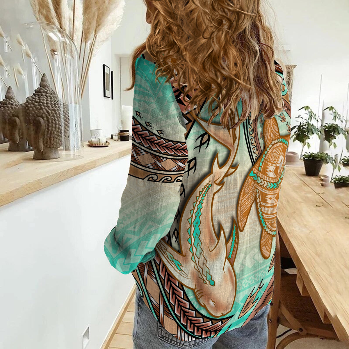 Hawaii Women Casual Shirt Polynesian Shark And Sea Turtle Dreamy Turquoise Artsy LT14 - Polynesian Pride