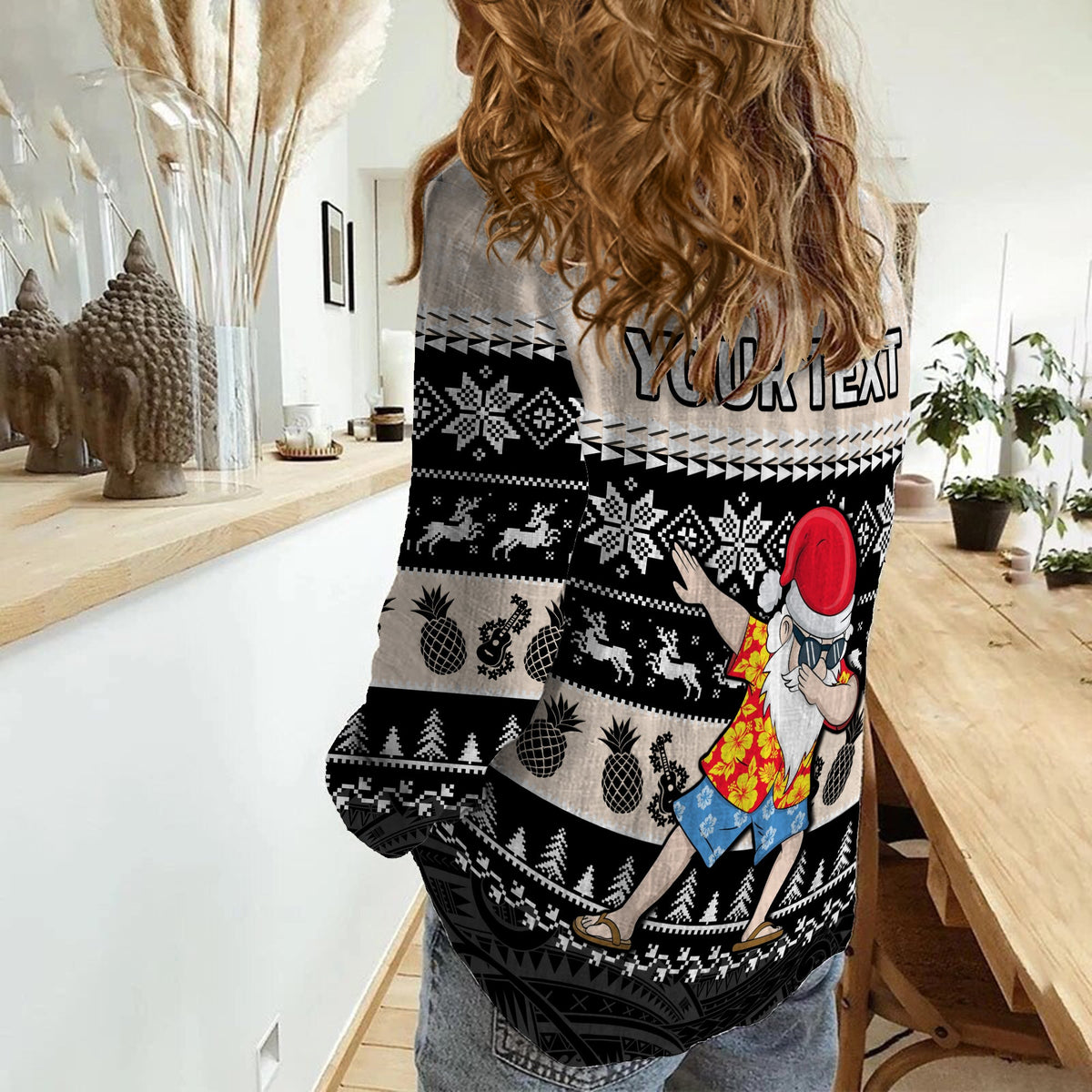 (Custom Personalised) Hawaii Mele Kalikimaka Women Causal Shirt Dabbing Santa Black Merry Christmas LT14 - Polynesian Pride