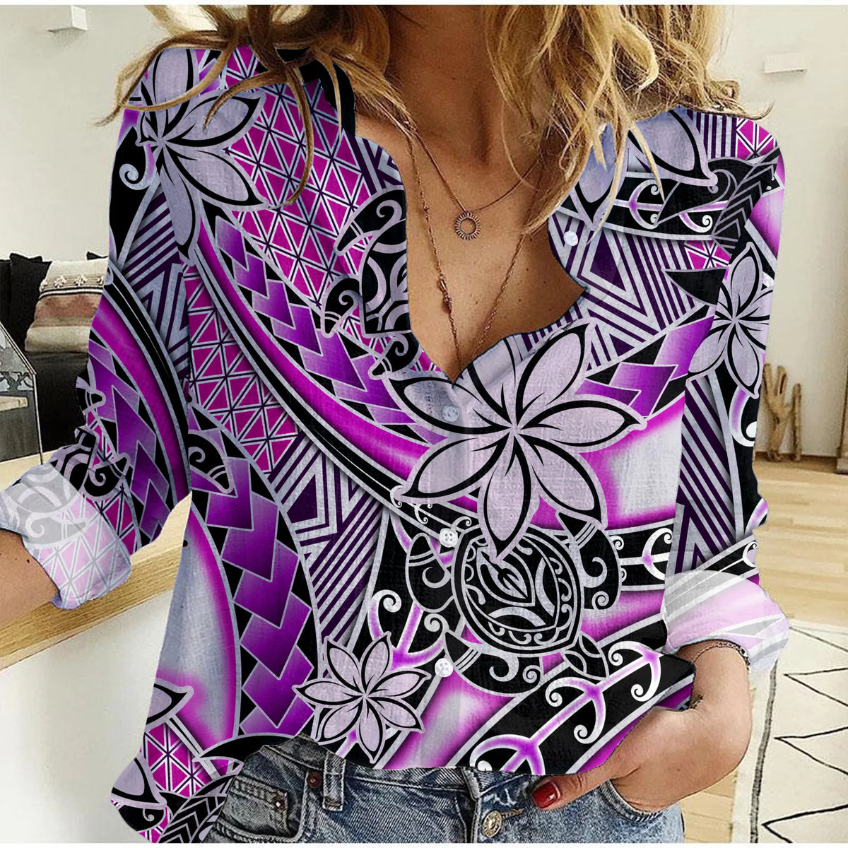 (Custom Personalised) Hawaii Women Casual Shirt Tribal Plumeria With Polynesian Turtle Ver.02 LT14 Female Purple - Polynesian Pride
