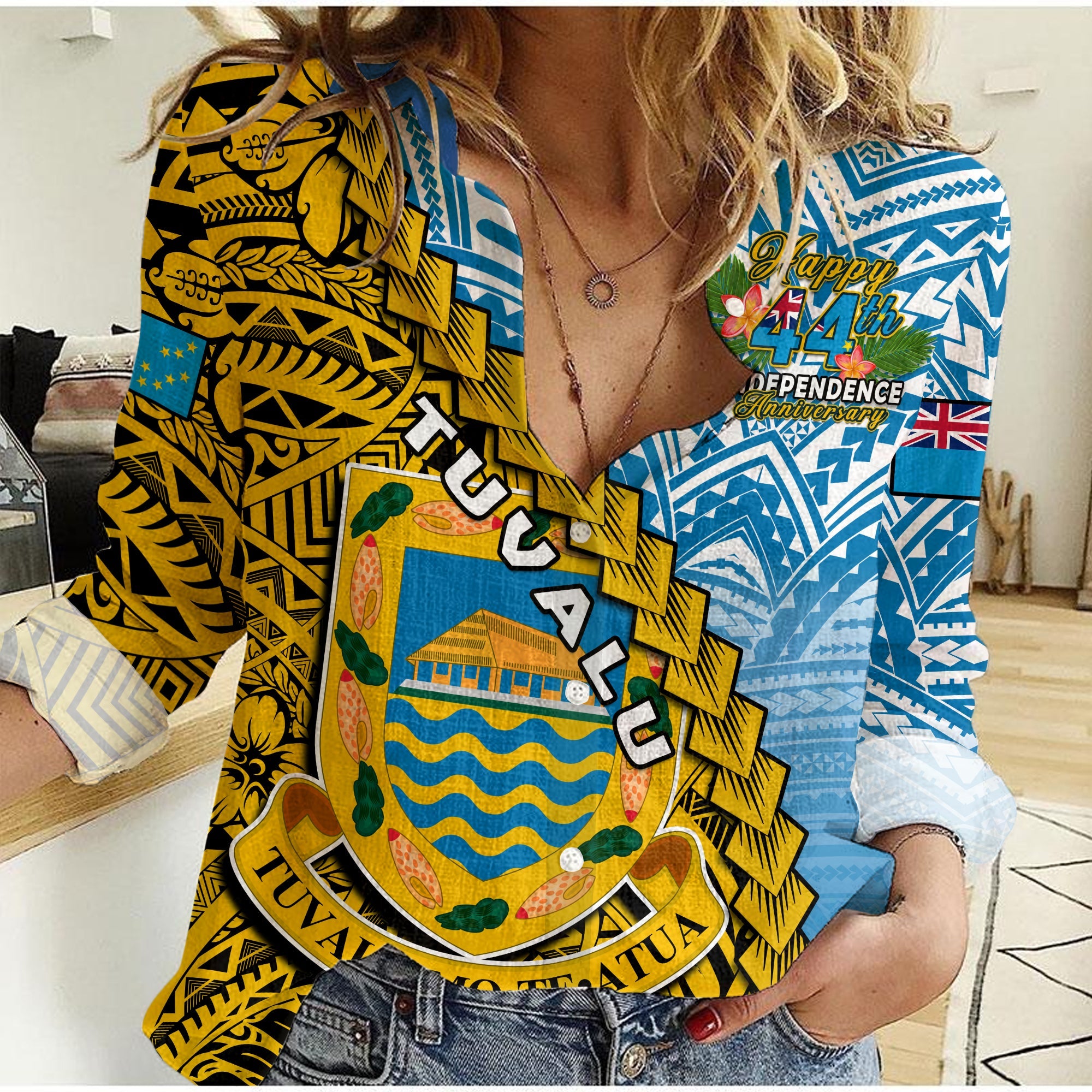 (Custom Personalised) Tuvalu 1978 Women Casual Shirt Happy 44th Independence Anniversary Polynesian Pattern LT14 Female Yellow - Polynesian Pride