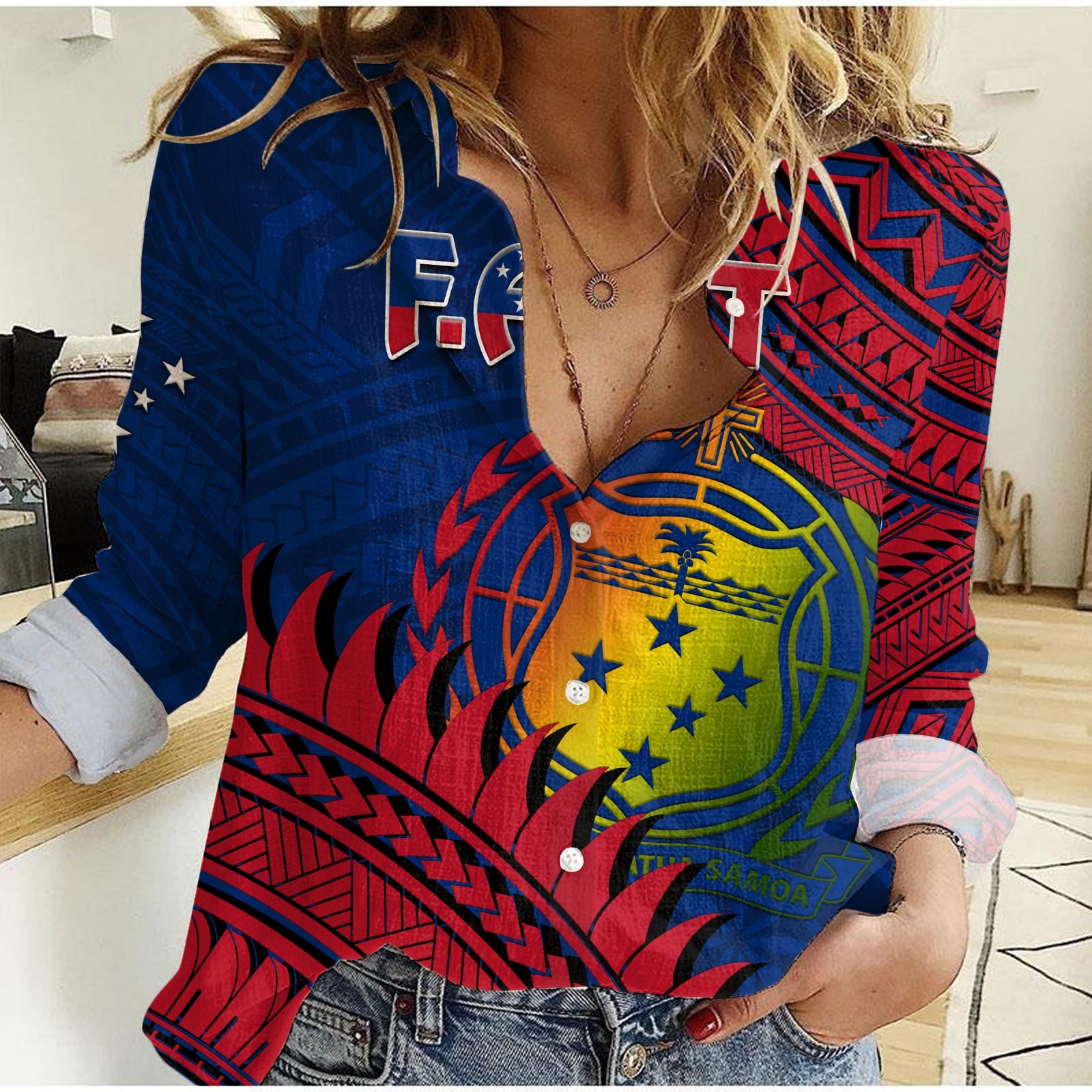 F.A.S.T Samoa Women Casual Shirt Samoan Coat Of Arms Polynesian Pattern LT14 Female Blue - Polynesian Pride