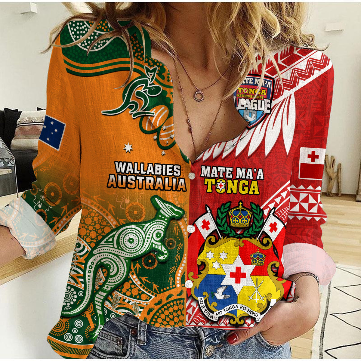(Custom Personalised) Mate Maa Tonga And Wallabies Rugby Women Casual Shirt Polynesian Mix Aboriginal LT14 Female Red - Polynesian Pride
