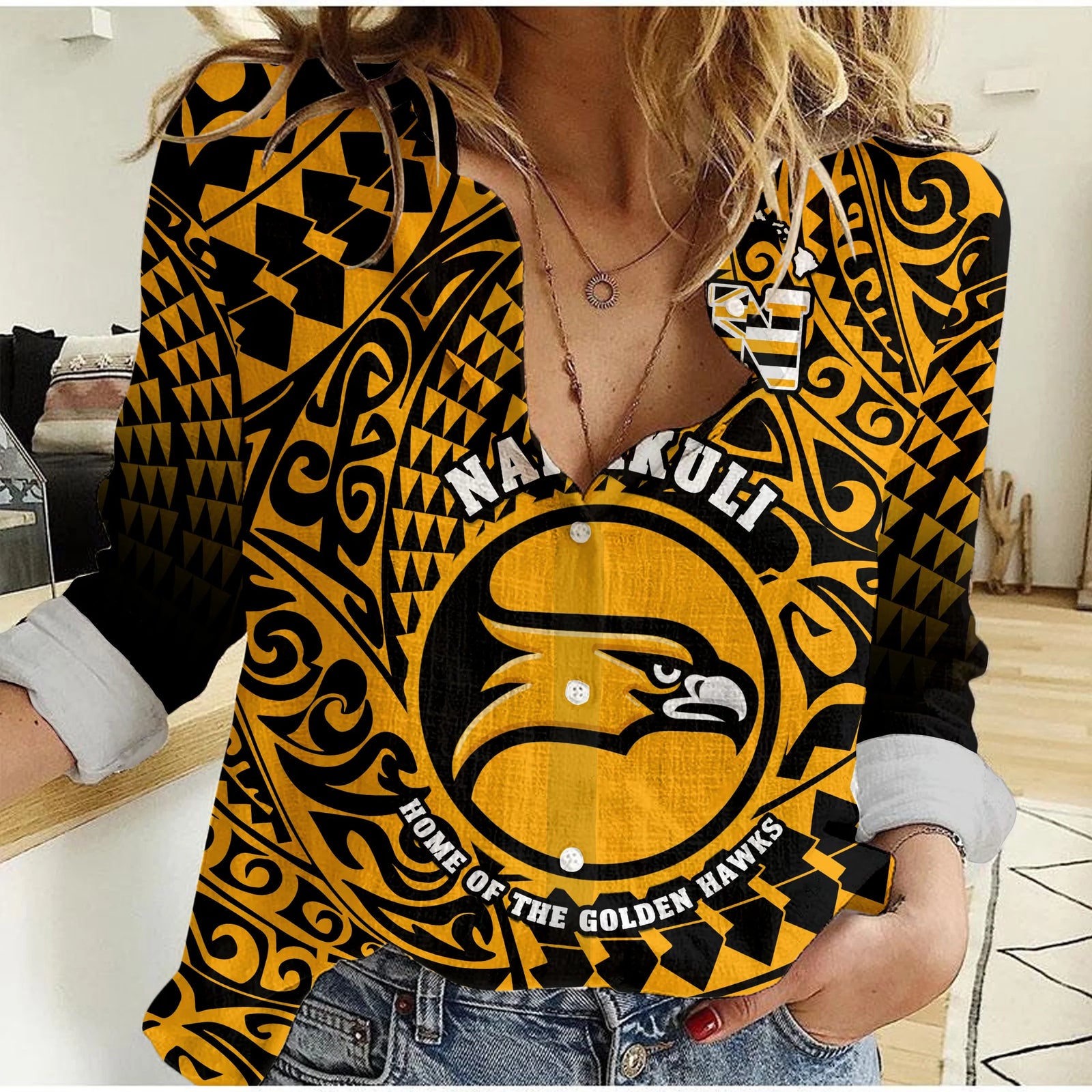 Hawaii Women Casual Shirt Nanakuli High and Intermediate School Tribal Kakau LT14 Female Gold - Polynesian Pride