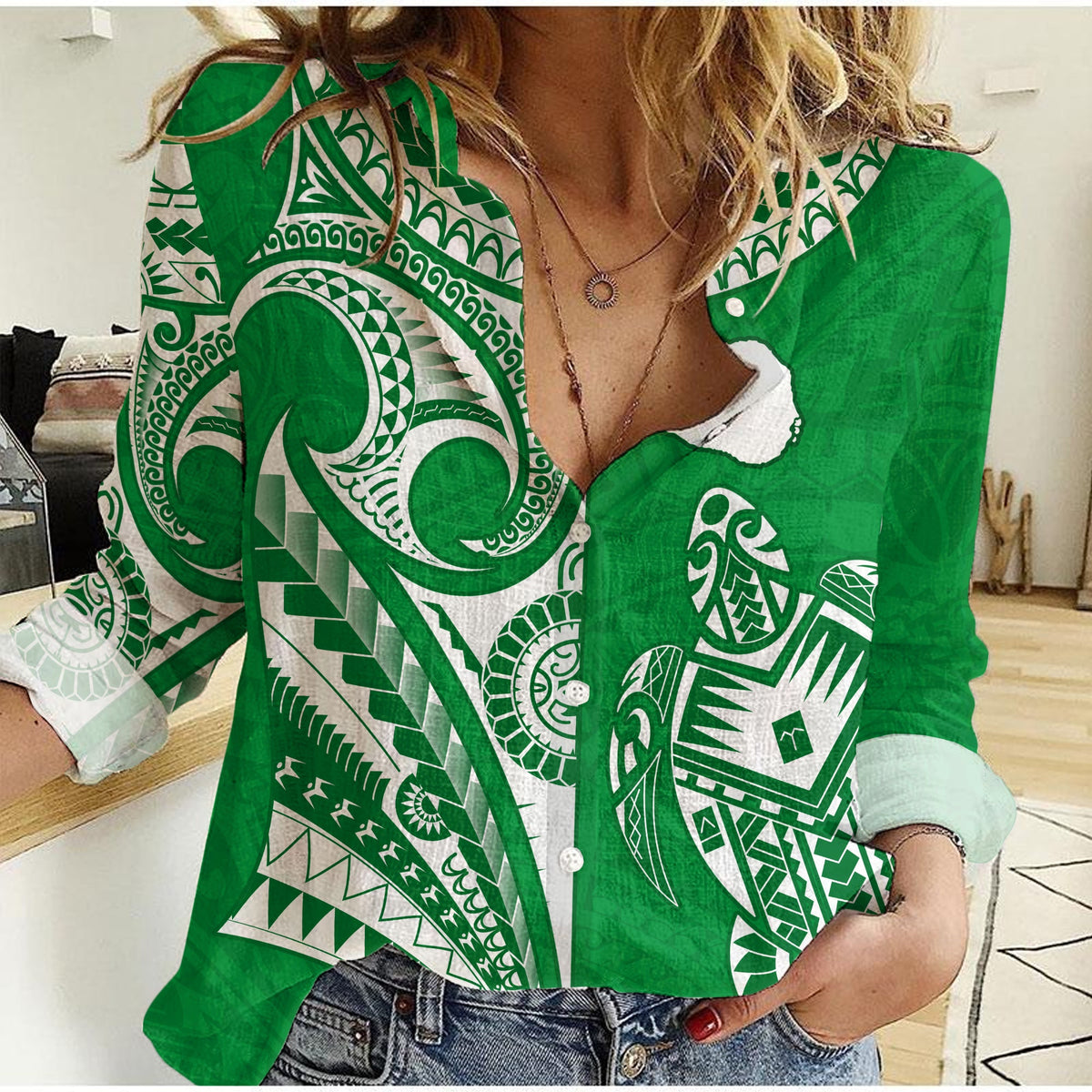 Rarotonga Cook Islands Women Casual Shirt Turtle and Map Style Green LT13 Female Green - Polynesian Pride