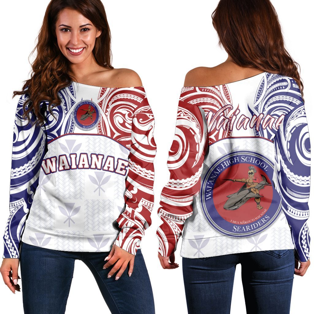 Hawaii - Kanaka Waianae High School Off Shoulder Sweater Demodern Style AH White - Polynesian Pride