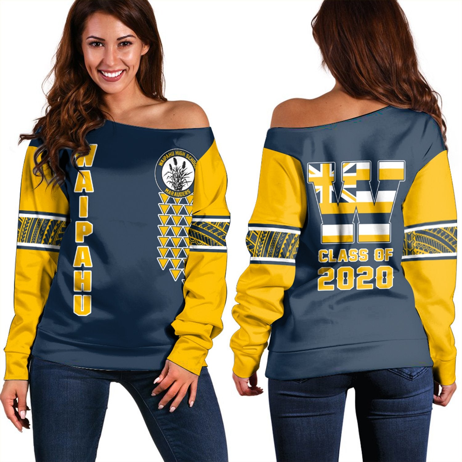 (Personalised) Hawaii - Waipahu High Custom Your Class Women's Off Shoulder Sweatshirt AH Yellow - Polynesian Pride