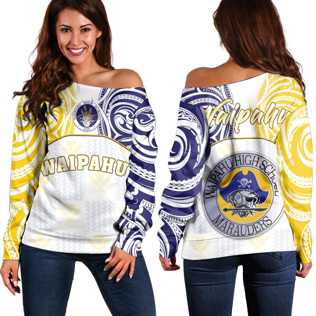 Hawaii - Kanaka Waipahu High School Off Shoulder Sweater Demodern Style AH White - Polynesian Pride