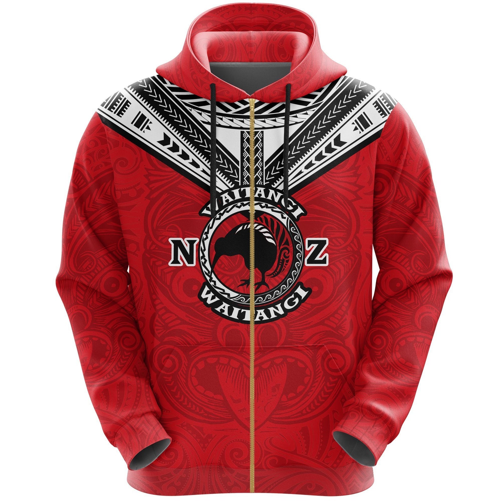 New Zealand Maori Zip Hoodie Waitangi Day Red Unisex Black - Polynesian Pride