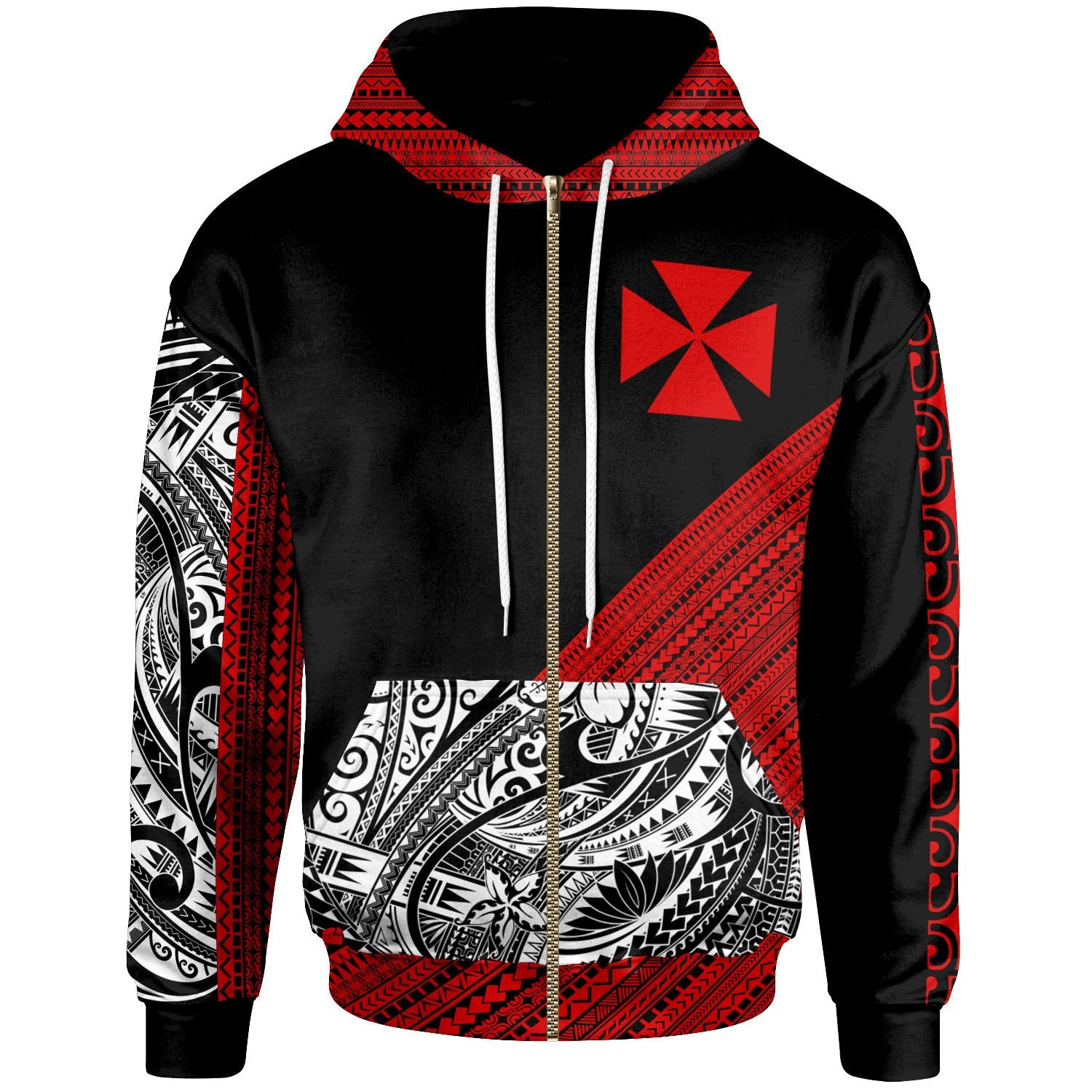 Wallis & Futuna Custom Zip Hoodie Polynesian Diagonal Pattern Red Unisex Red - Polynesian Pride