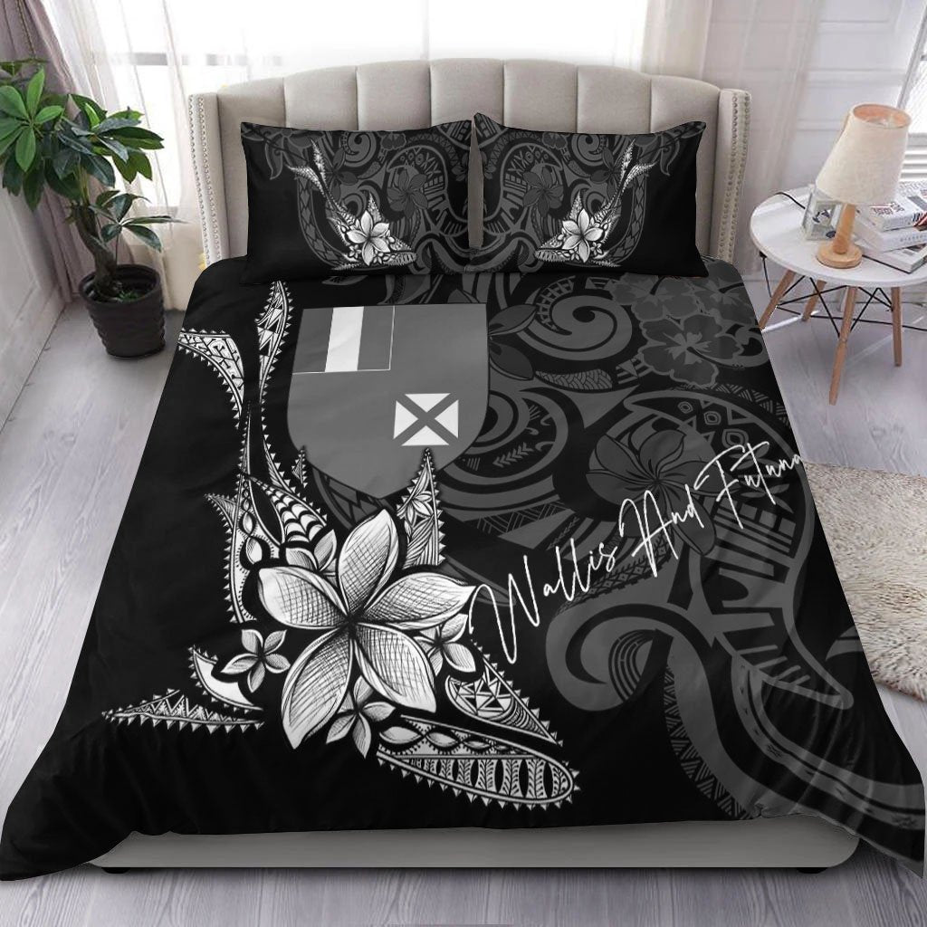 Wallis and Futuna Bedding Set - Fish With Plumeria Flowers Style Black - Polynesian Pride