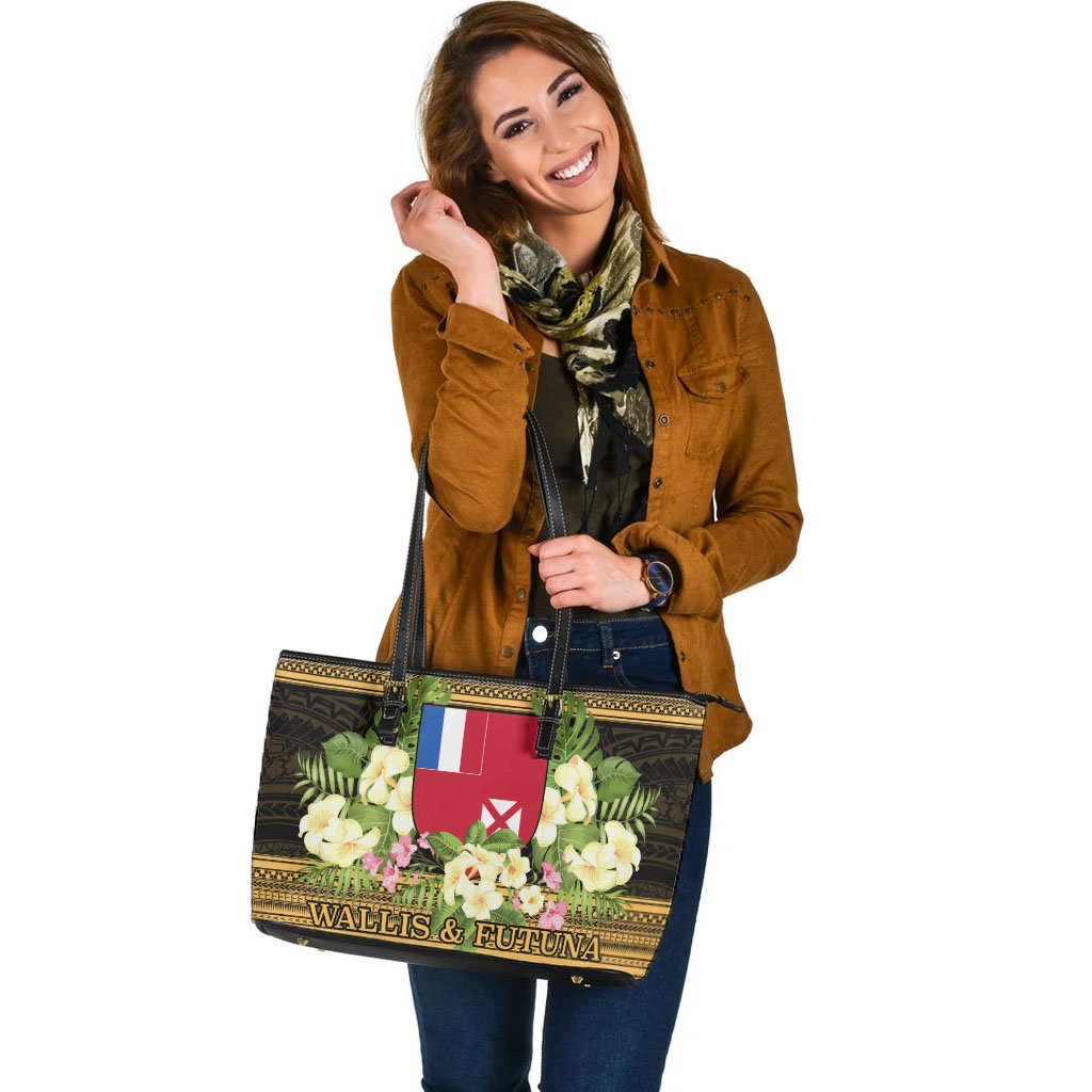 Wallis and Futuna Leather Tote - Polynesian Gold Patterns Collection Black - Polynesian Pride