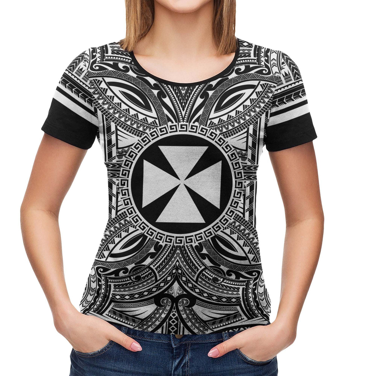 Wallis and Futuna T Shirt Wallis et Futuna Coat of Arms Polynesian White Black - Polynesian Pride