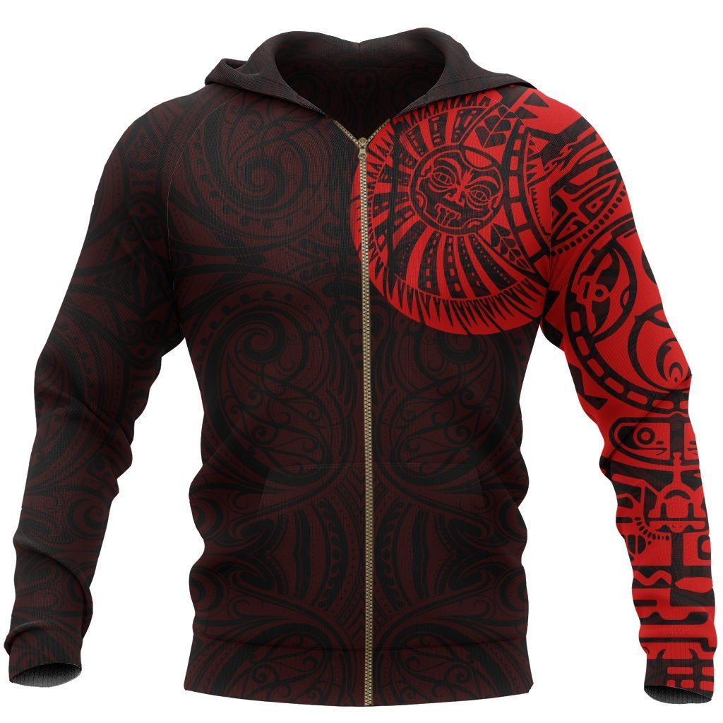New Zealand Maori Zip Hoodie, Maori Warrior Tattoo Full Zip Hoodie Red Unisex Black - Polynesian Pride