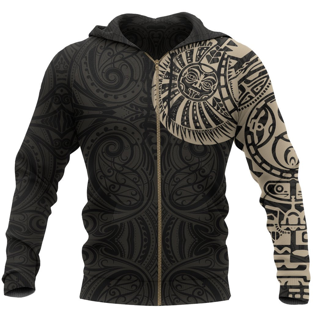 New Zealand Maori Zip Hoodie, Maori Warrior Tattoo Full Zip Hoodie Tan Zip Hoodie Black - Polynesian Pride