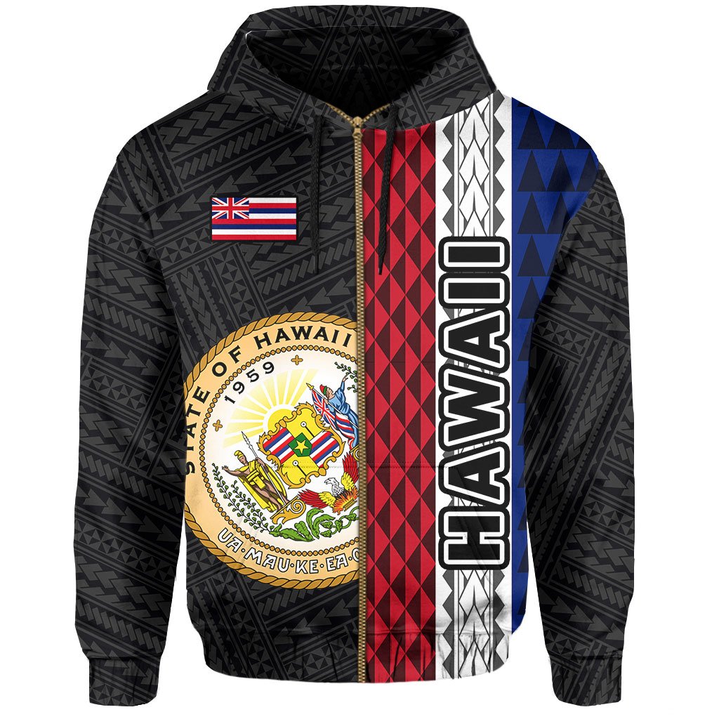 Polynesian Kakau Hawaii Flag Seal of Hawaii Zip Hoodie White - Polynesian Pride