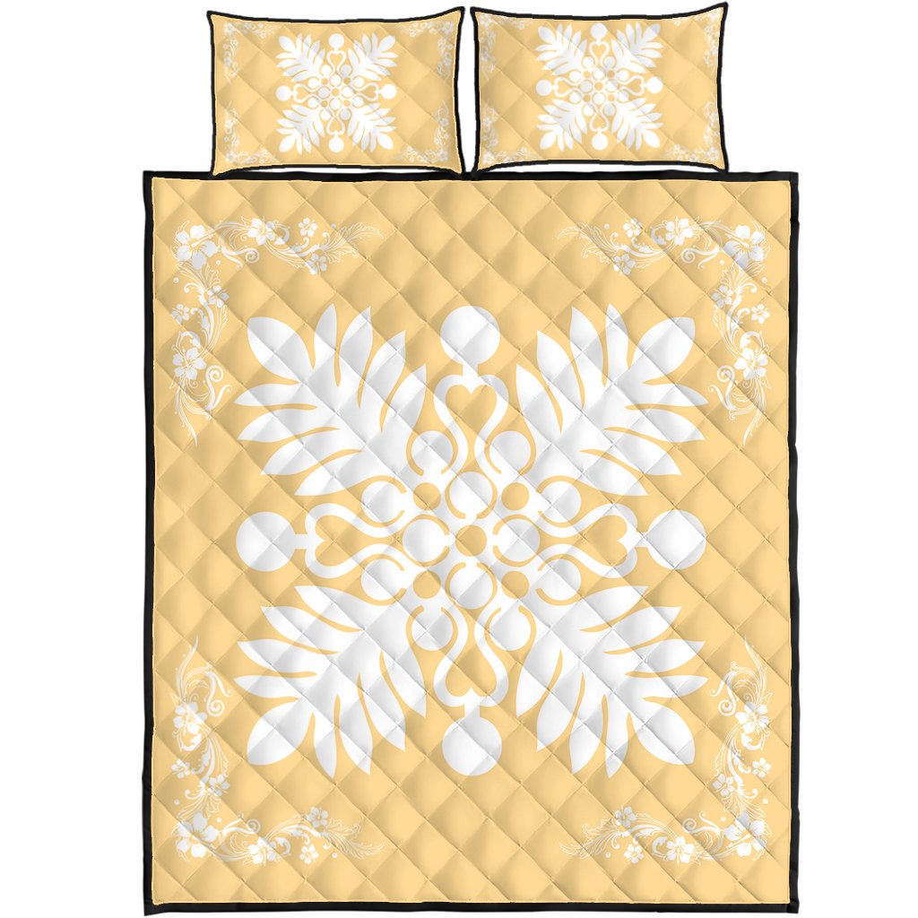 Hawaiian Quilt Maui Plant And Hibiscus Pattern Quilt Bed Set - White Beige - AH White - Polynesian Pride