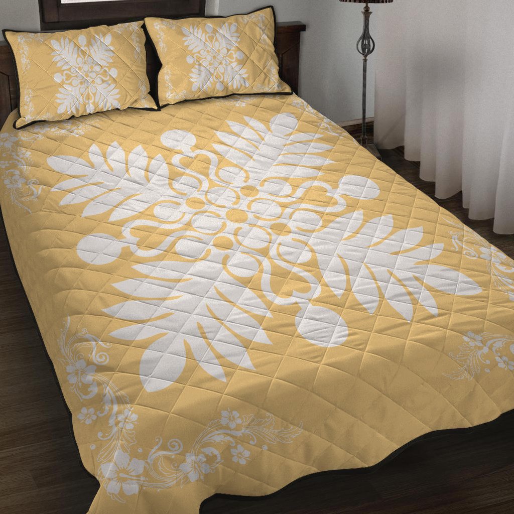 Hawaiian Quilt Maui Plant And Hibiscus Pattern Quilt Bed Set - White Beige - AH - Polynesian Pride