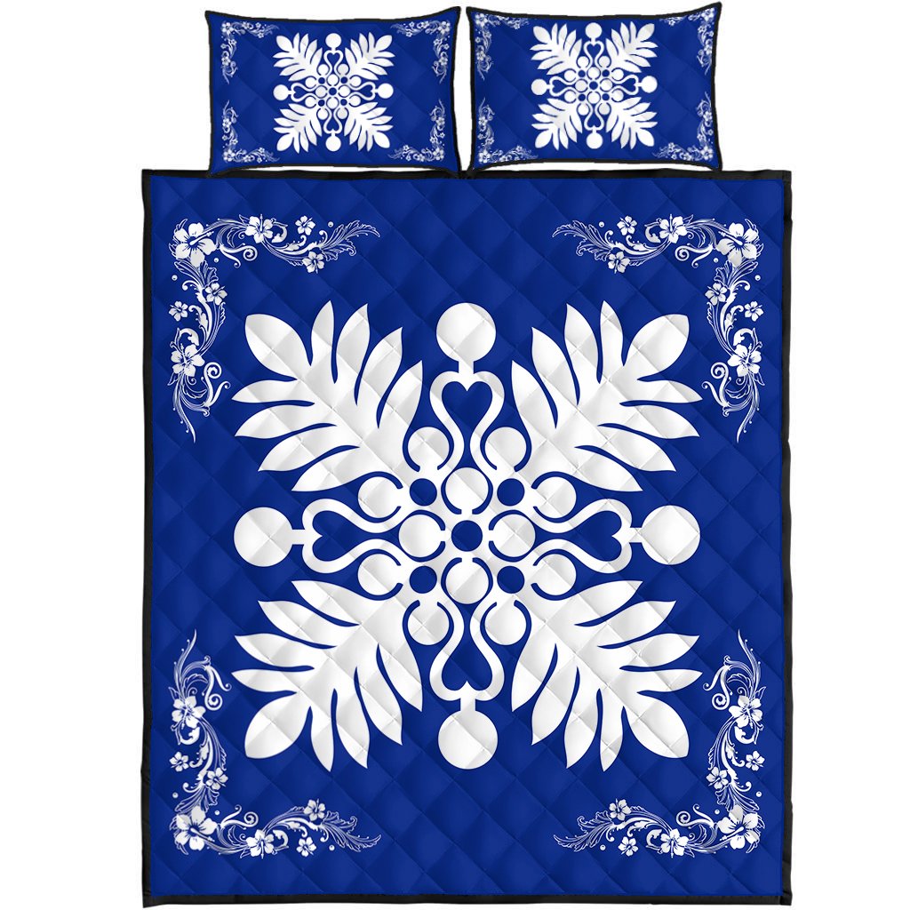 Hawaiian Quilt Maui Plant And Hibiscus Pattern Quilt Bed Set - White Blue - AH White - Polynesian Pride