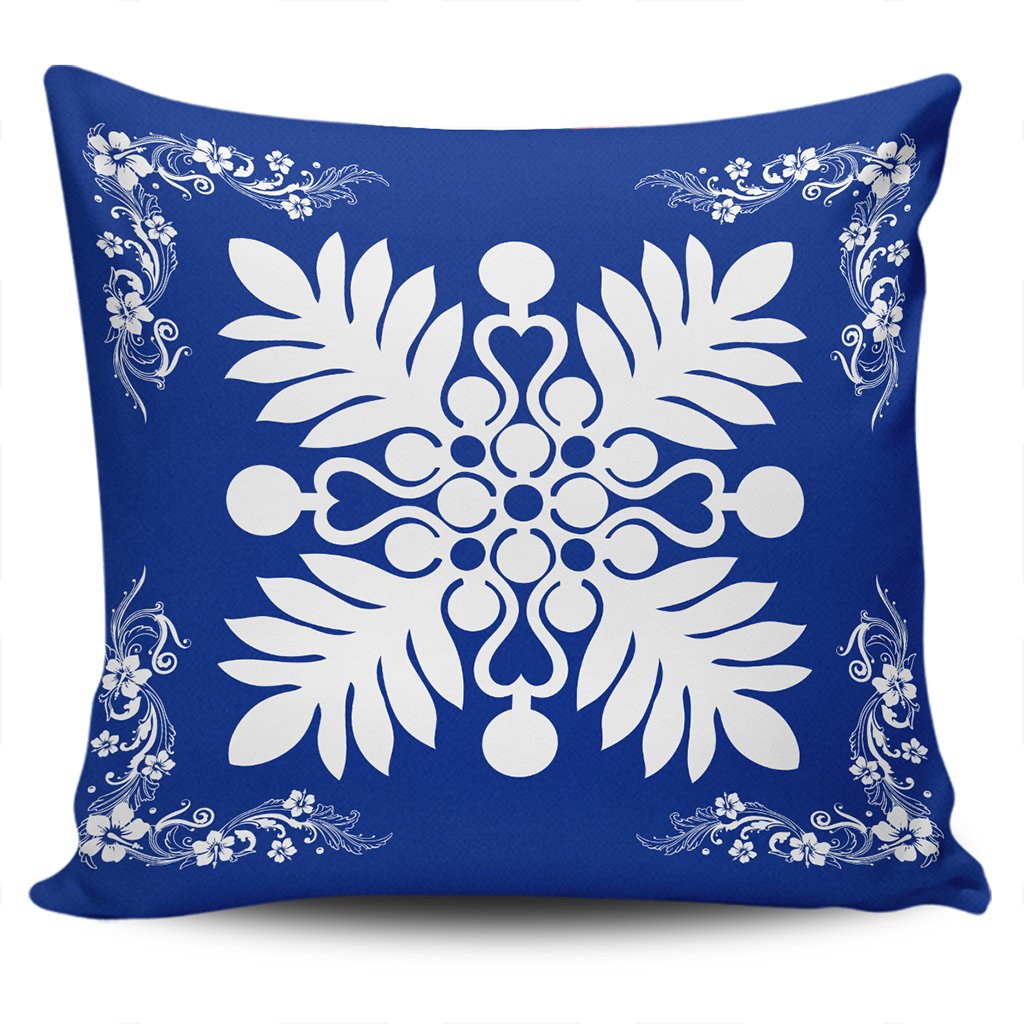 Hawaiian Quilt Maui Plant And Hibiscus Pattern Pillow Covers - White Blue - AH One Size White - Polynesian Pride