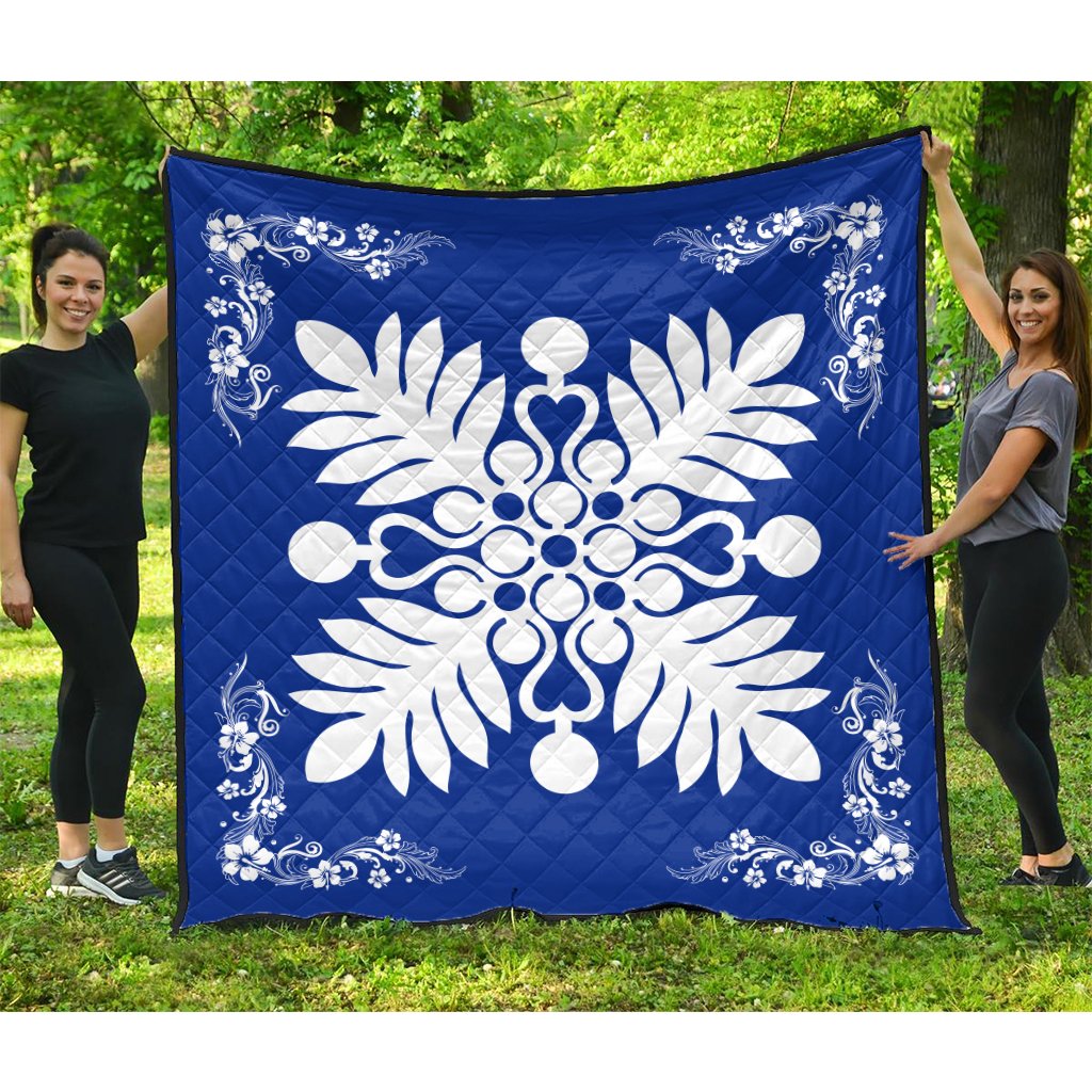Hawaiian Quilt Maui Plant And Hibiscus Premium Quilt - White Blue - AH White - Polynesian Pride