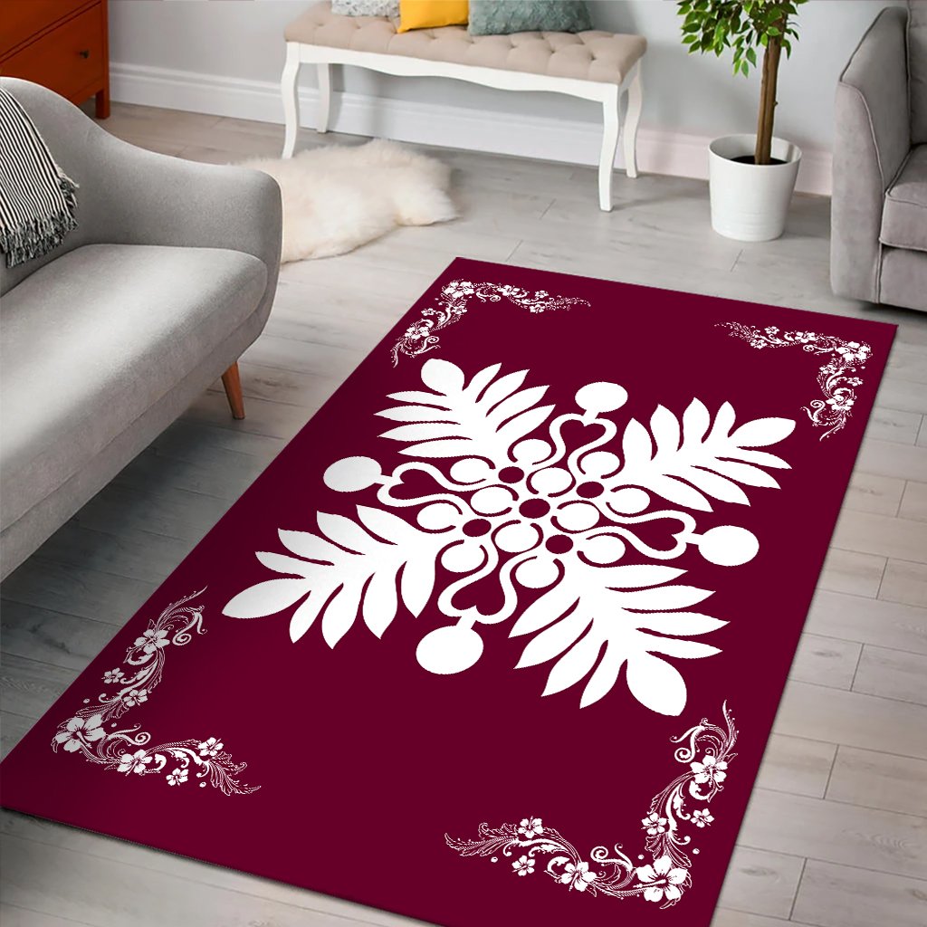 Hawaiian Quilt Maui Plant And Hibiscus Pattern Area Rug - White Burgundy - AH - Polynesian Pride