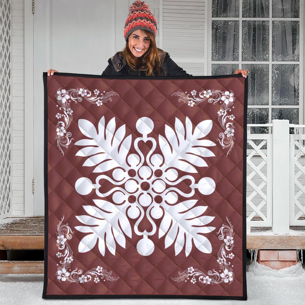 Hawaiian Quilt Maui Plant And Hibiscus Premium Quilt - White Coral - AH - Polynesian Pride