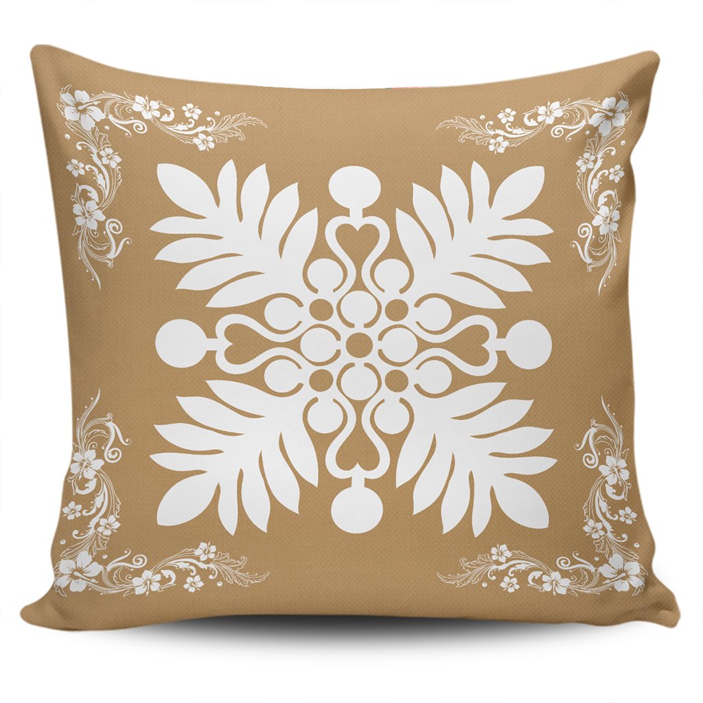 Hawaiian Quilt Maui Plant And Hibiscus Pattern Pillow Covers - White Gold - AH One Size White - Polynesian Pride