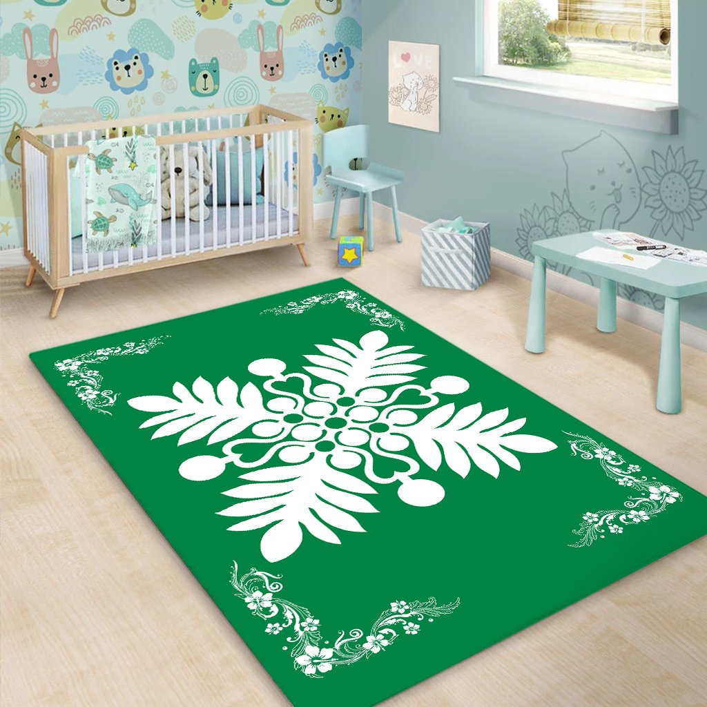 Hawaiian Quilt Maui Plant And Hibiscus Pattern Area Rug - White Green - AH - Polynesian Pride