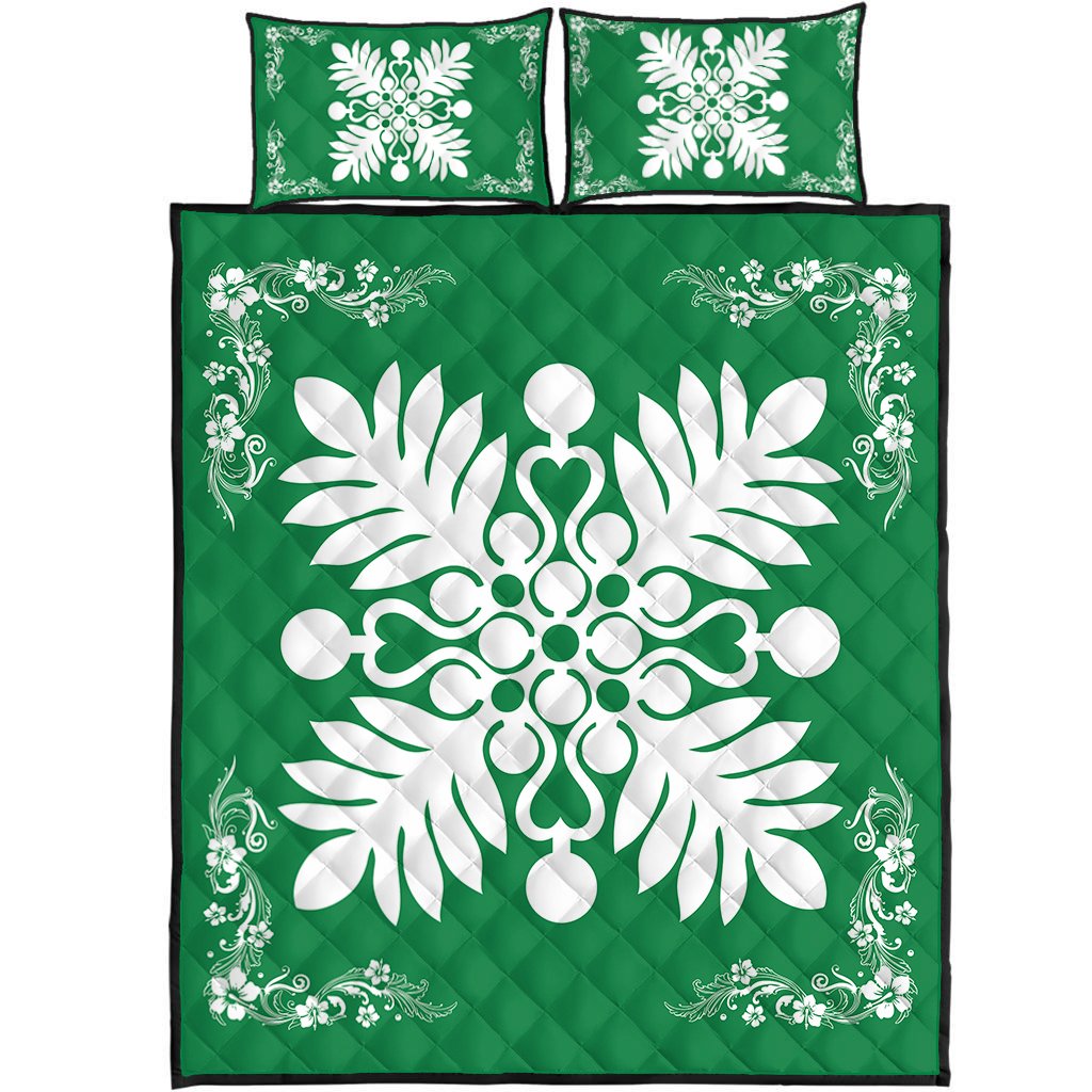 Hawaiian Quilt Maui Plant And Hibiscus Pattern Quilt Bed Set - White Green - AH White - Polynesian Pride