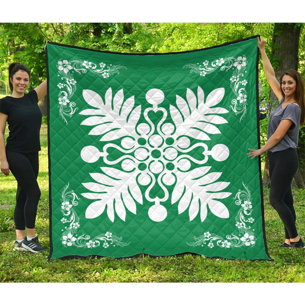 Hawaiian Quilt Maui Plant And Hibiscus Premium Quilt - White Green - AH White - Polynesian Pride